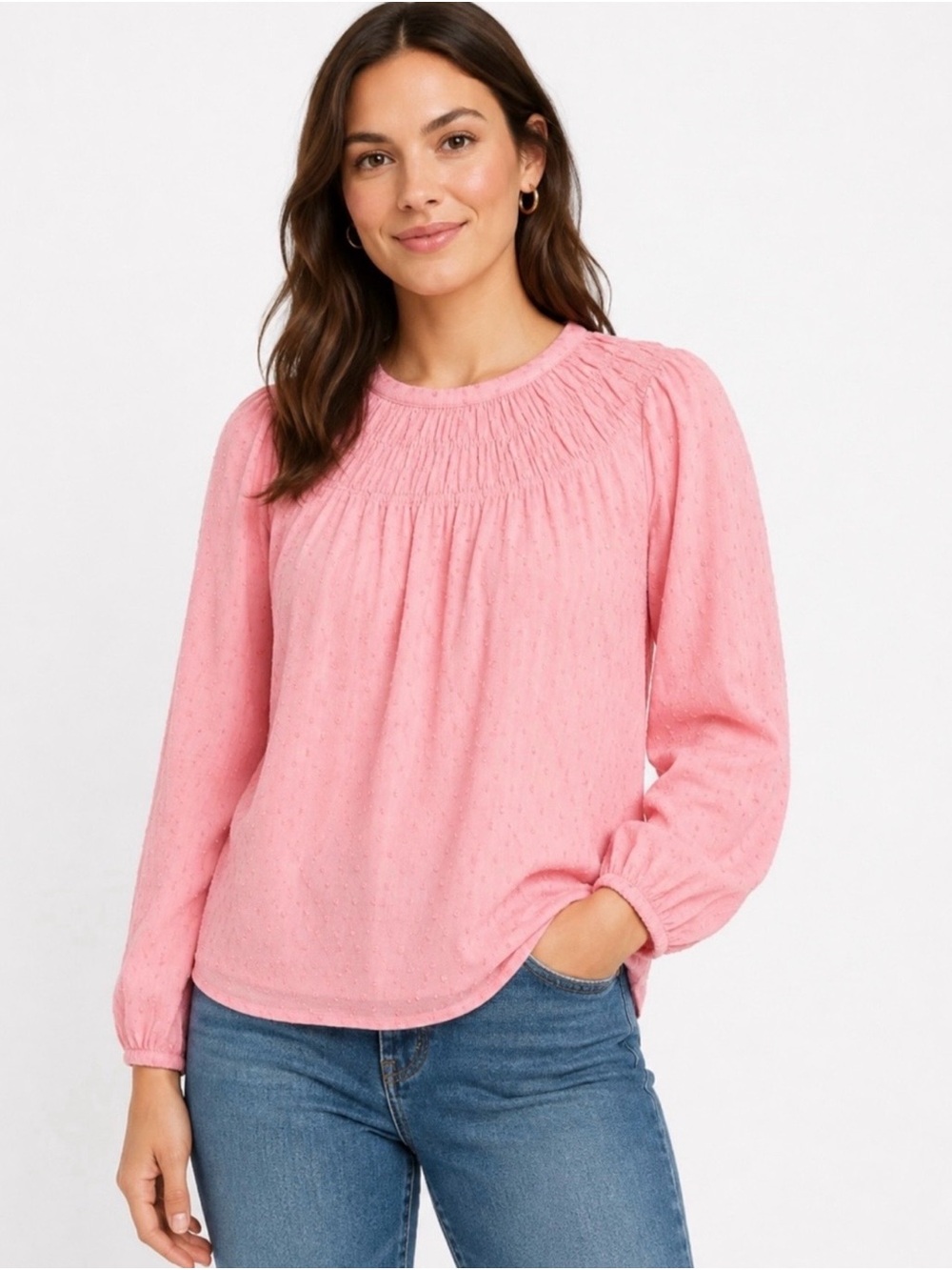 J. CREW | Pink Long-Sleeve Smocked Clip-Dot Top in Pink Lemonade Sz. Small